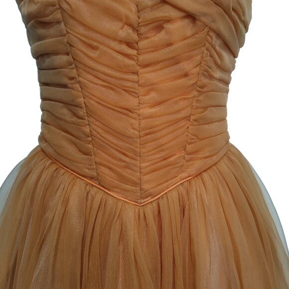 Vintage 50s Dusty Apricot Nylon Prom Party Dress w' Back Panels & Gloves XS - Picture 3 of 9